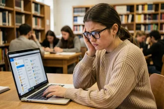Étudiante frustrée naviguant sur la plateforme Moodle d'une université dans une bibliothèque