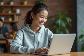 Étudiante utilisant une plateforme de campus numérique de type MyCampus Eduservices sur son ordinateur portable dans un espace de travail collaboratif moderne