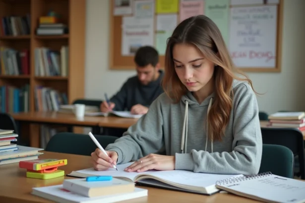 Étudiante révisant la conjugaison espagnole pour le bac avec des fiches et manuels scolaires sur un bureau en bois