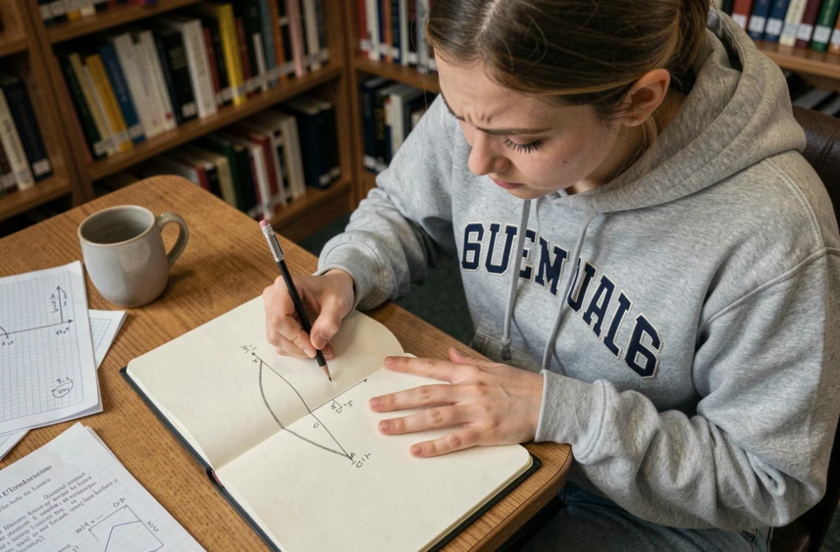 Étudiante dessinant une droite sécante et une tangente dans un cahier de mathématiques à la bibliothèque