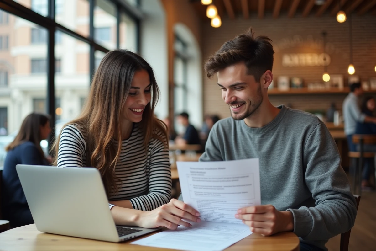 Deux étudiants en BTS travaillant ensemble dans un café, révisant des exercices sur leurs ordinateurs portables et fiches imprimées
