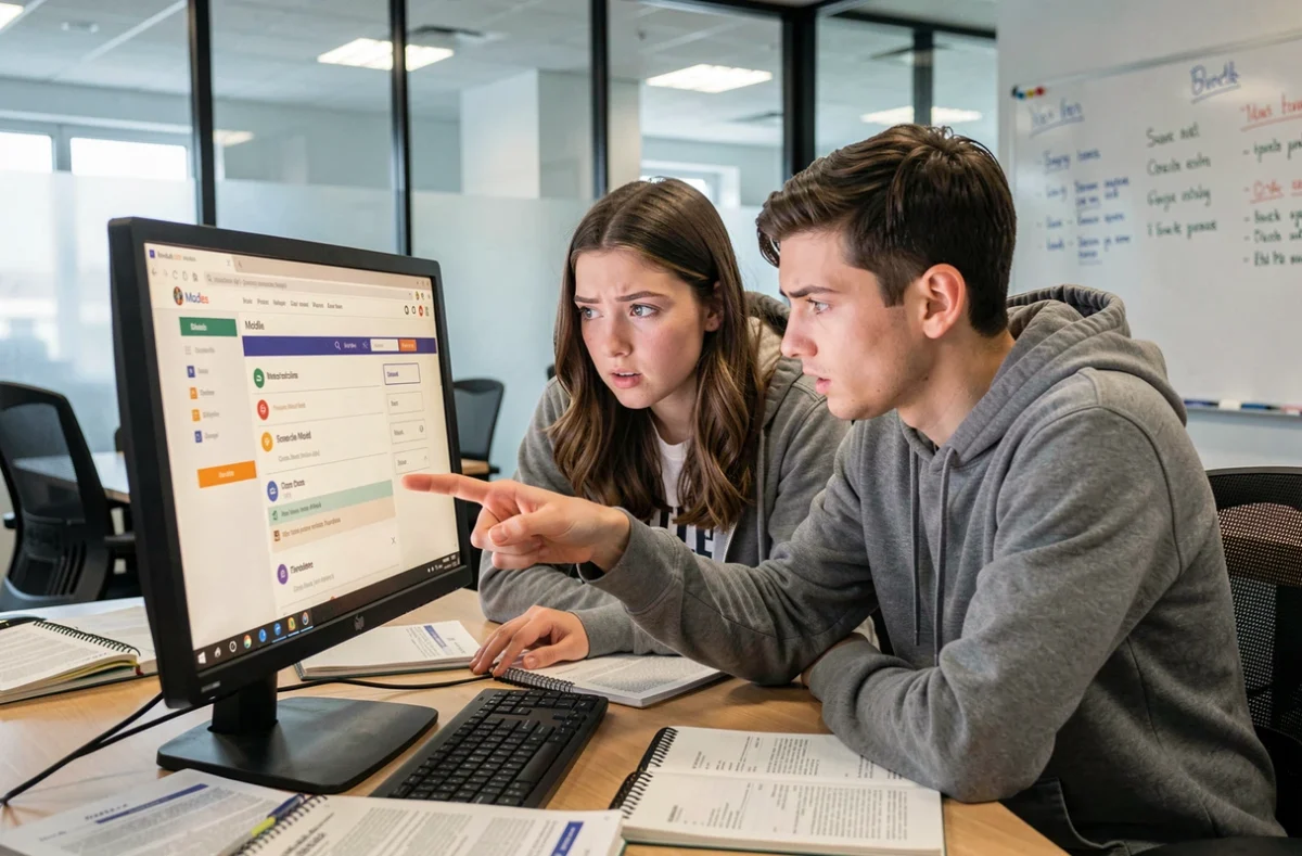 Deux étudiants qui cherchent ensemble leurs ressources pédagogiques sur Moodle dans une salle de travail universitaire