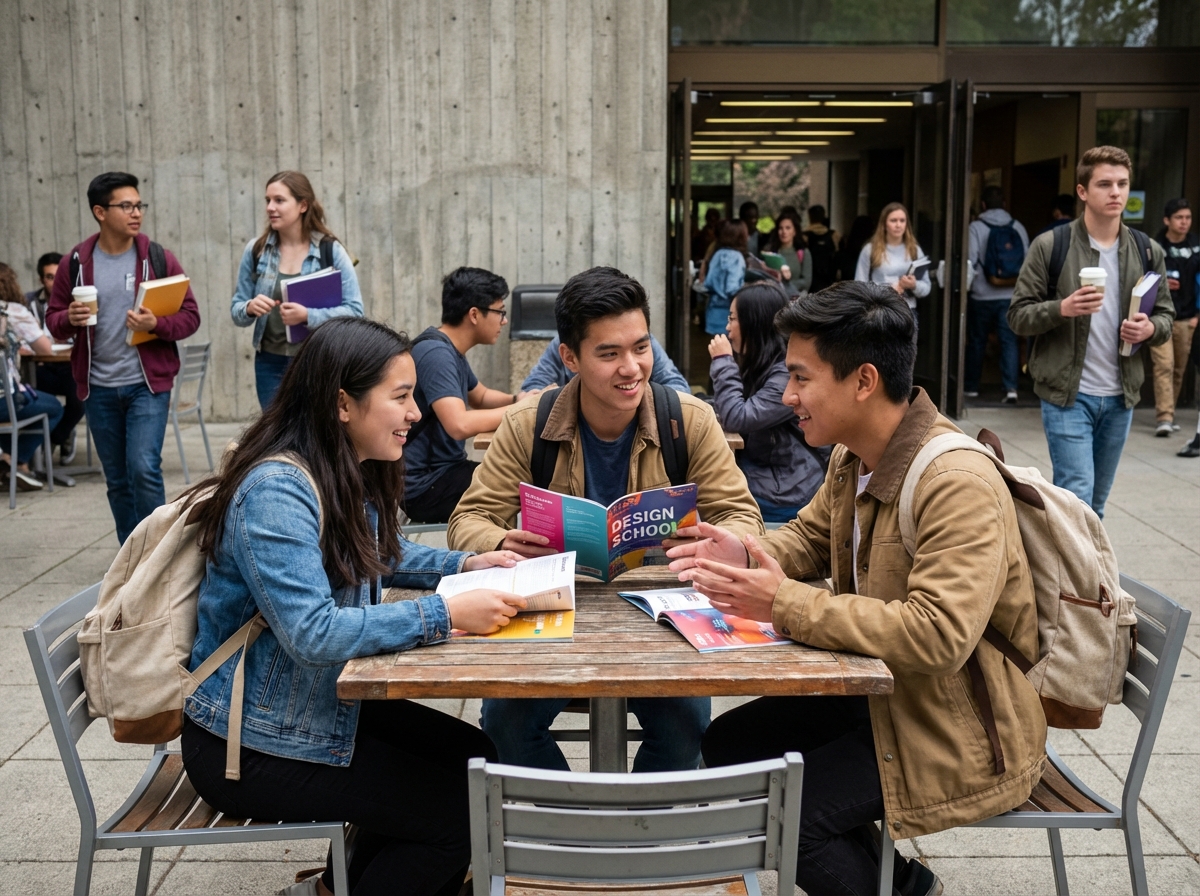 Trois lycéens discutant autour de brochures dans un café