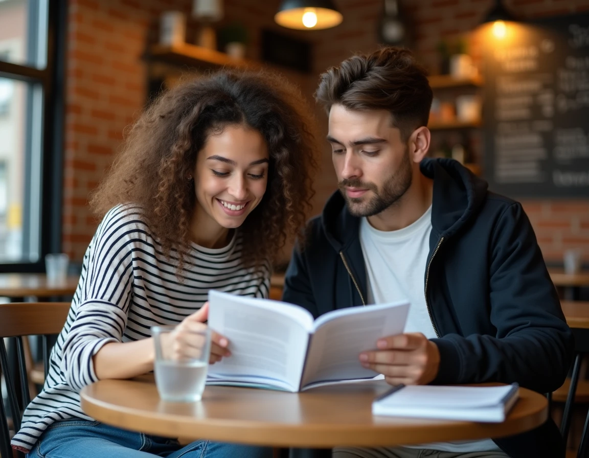 Deux étudiants discutant du classement des vœux SCEI ensemble dans un café