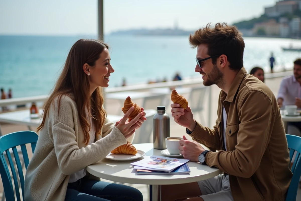 Deux étudiants de l'EDHEC Nice discutant des coûts de la vie étudiante dans un café en bord de mer sur la Promenade des Anglais