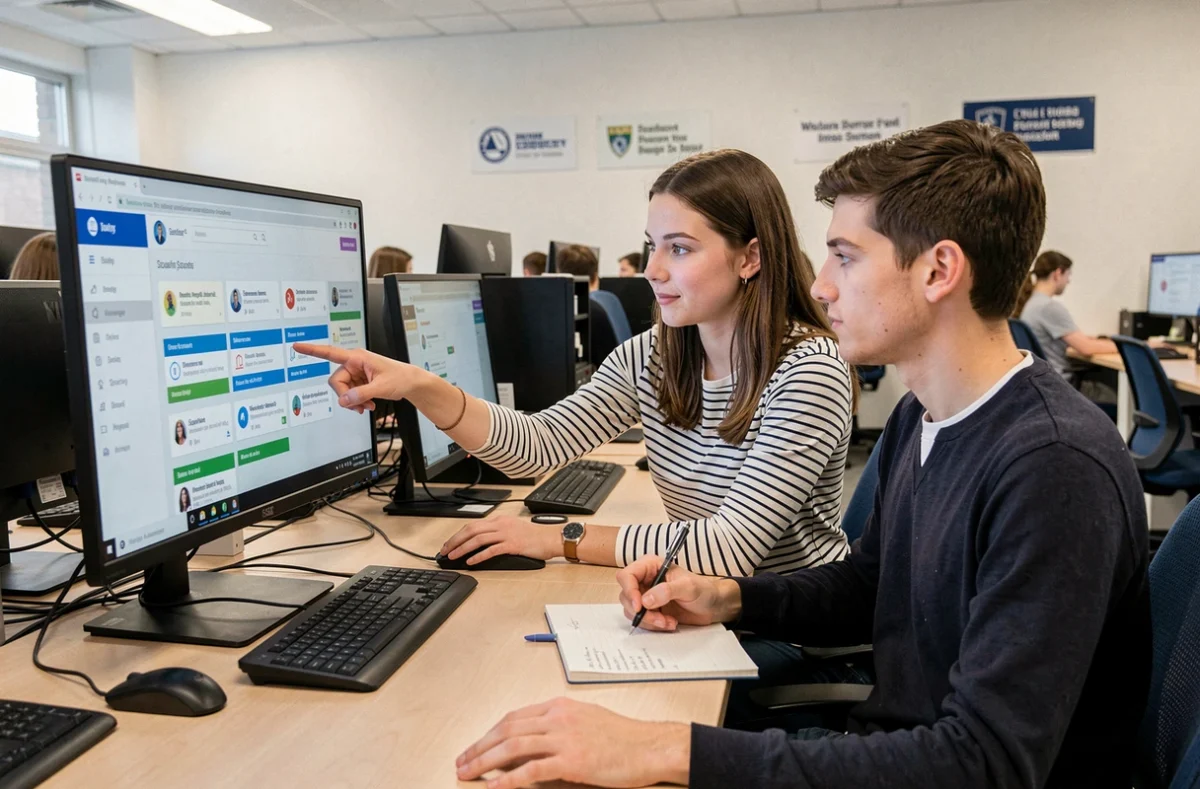 Deux étudiants utilisant ensemble l'ENT ULHN pour leurs démarches administratives en ligne dans une salle informatique universitaire