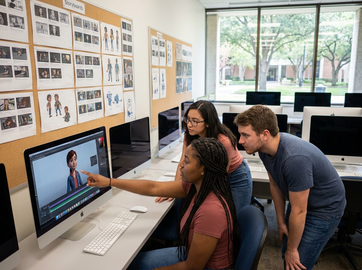 Groupe d'étudiants en formation animation et effets spéciaux collaborant autour d'un écran dans une salle informatique universitaire