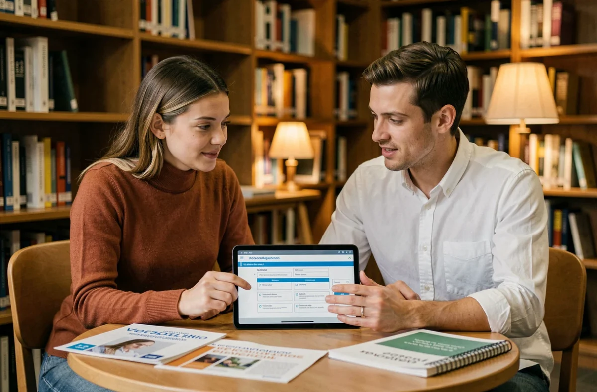Deux étudiants consultant ensemble un formulaire d'inscription sur une formation en bibliothèque universitaire