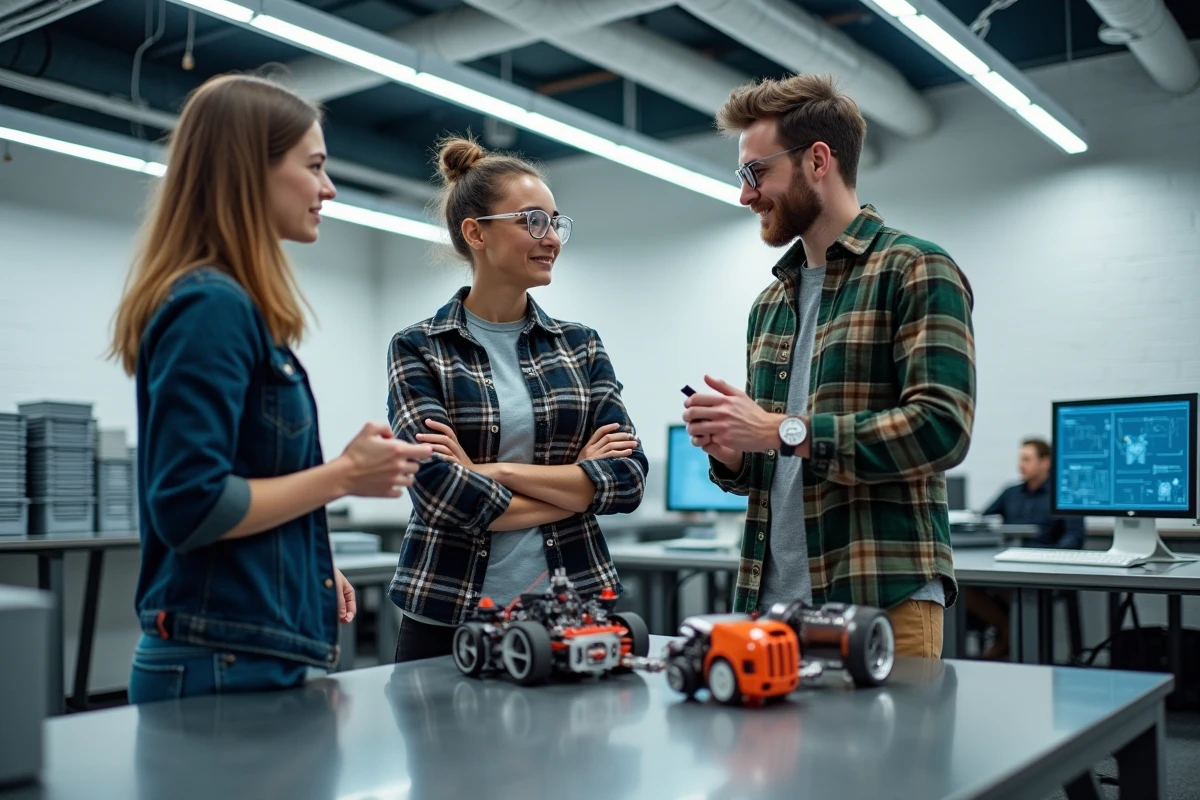 Groupe d'étudiants internationaux travaillant sur un projet de robotique dans un laboratoire moderne du MIT à Boston