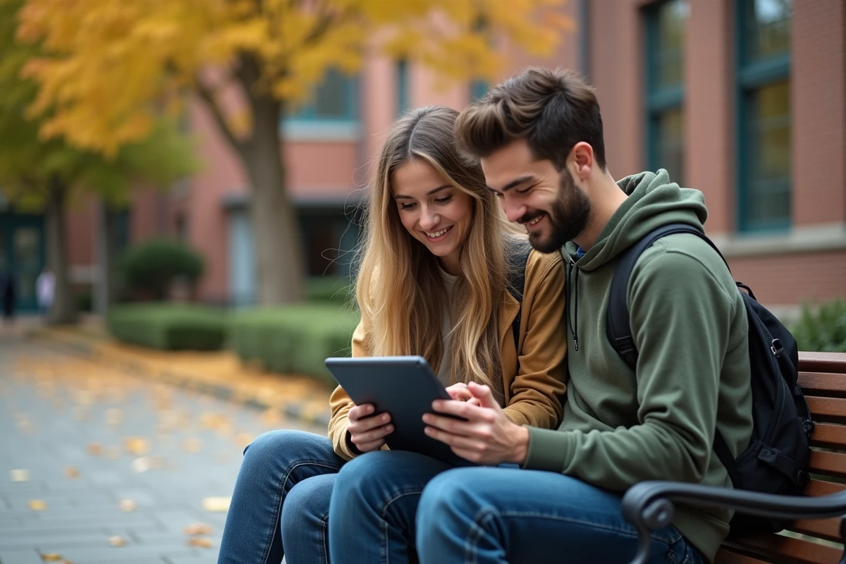 Deux étudiants consultant ensemble l'emploi du temps de l'université d'Angers sur une tablette en extérieur sur le campus