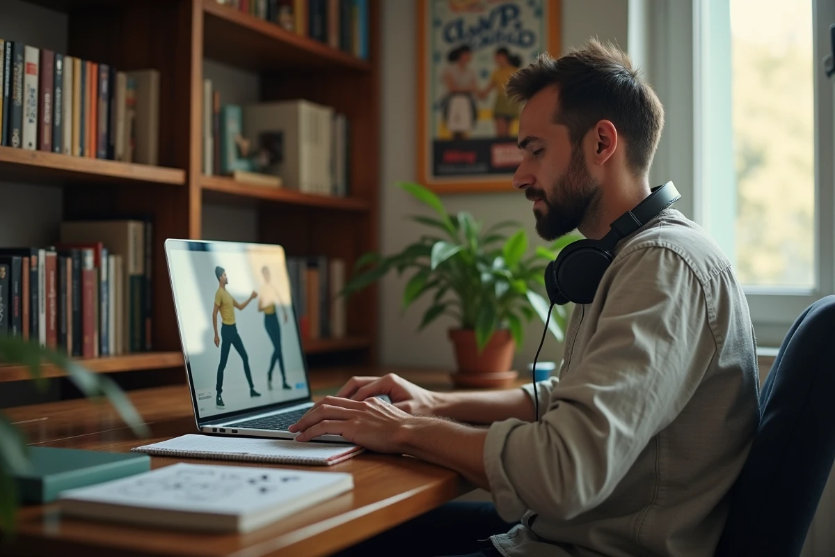 Homme étudiant les pas de la danse Madison sur ordinateur portable avec des notes manuscrites