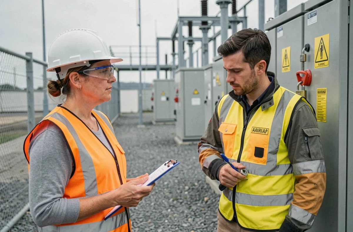 Évaluatrice observant un stagiaire réalisant une consignation électrique sur un poste extérieur lors de l'examen pratique d'habilitation électrique