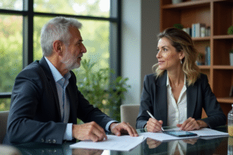 Homme executif en discussion avec une coach dans un bureau moderne