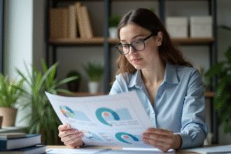 Jeune femme analysant des graphiques colorés au bureau