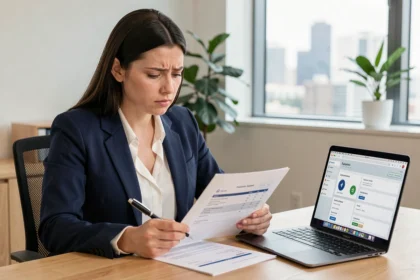 Femme en blazer analysant une facture d'abonnement emailing à son bureau avec un ordinateur portable ouvert