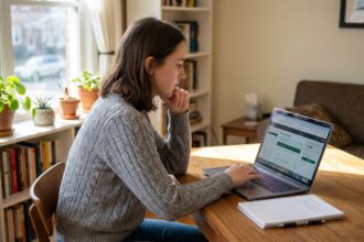 Jeune femme concentrée sur son cours en ligne à la maison