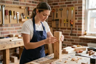 Femme artisane en reconversion professionnelle dans un atelier de menuiserie, examinant une pièce en bois avec confiance