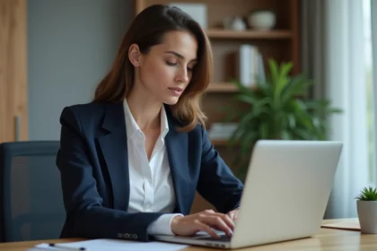 Femme professionnelle au bureau mettant à jour son CV sur un ordinateur