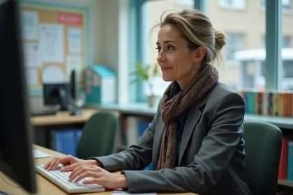 Femme concentrée dans un bureau scolaire moderne