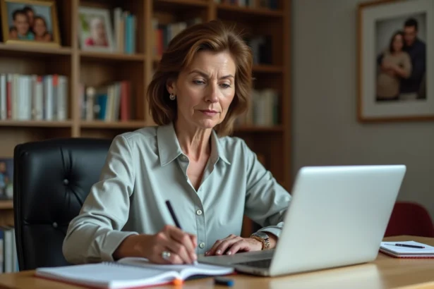 Femme d'âge moyen en tenue professionnelle dans un bureau à domicile