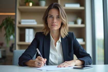 Femme en tenue professionnelle remplissant un dossier de session