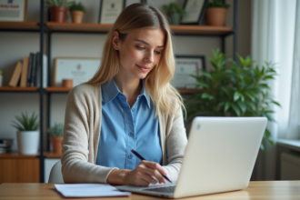 Jeune femme au bureau à domicile prenant des notes