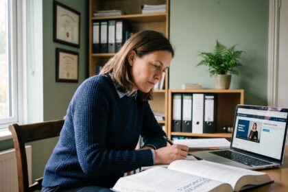 Femme en bureau à domicile lisant un livre avec ordinateur