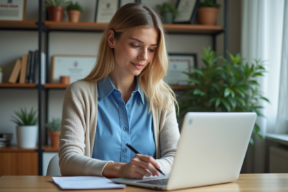 Jeune femme au bureau à domicile prenant des notes