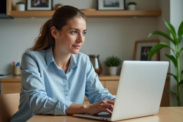 Femme au bureau à domicile regardant un tableau de bord académique