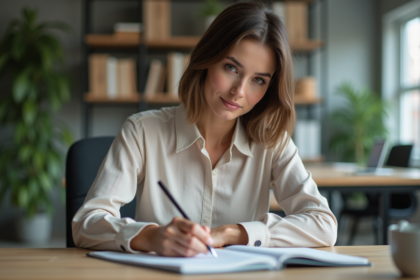 Femme en bureau écrivant dans un carnet pour l'article