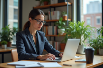 Femme en blazer travaillant sur son ordinateur dans un bureau moderne