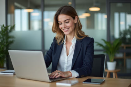 Femme en blazer navy souriante au bureau moderne