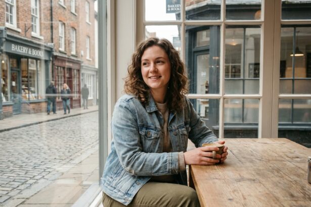 Jeune femme en denim dans un café de petite ville