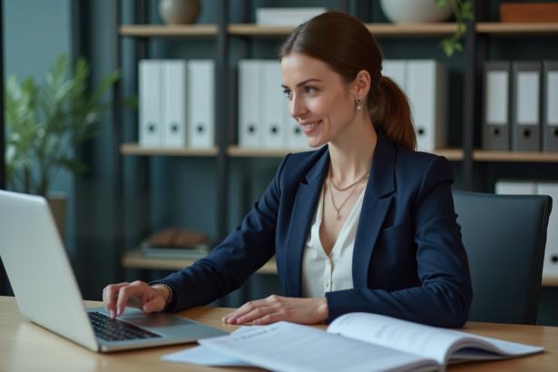 Femme professionnelle en bureau mettant à jour son CV