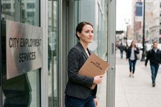Femme en blazer et jeans devant une mairie moderne