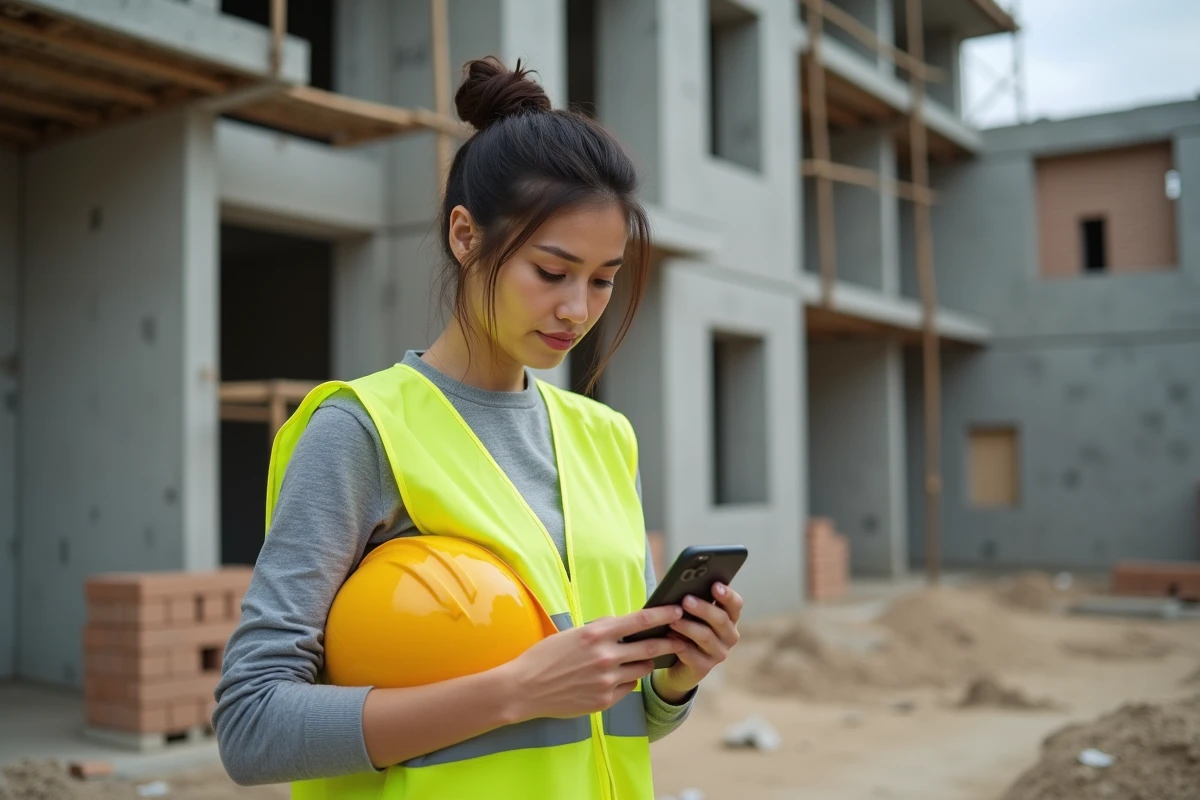 Une femme en gilet de sécurité consulte une application de financement de formation BTP sur son téléphone devant un chantier de construction