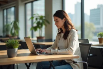 Femme en train de coder dans un espace coworking lumineux