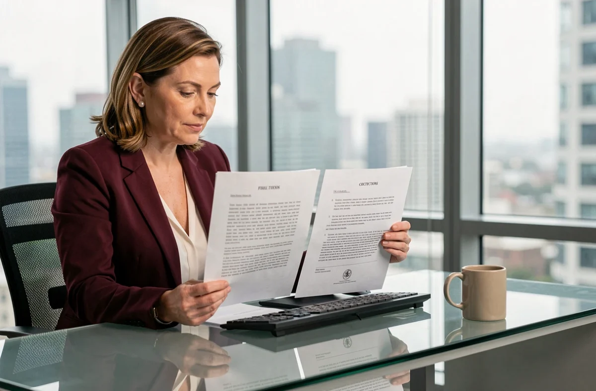 Femme cadre comparant deux versions d'une lettre de motivation sur un bureau vitré dans un bureau corporate avec vue sur la ville