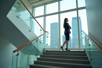 Femme confiante en affaires regarde la ville depuis un bureau