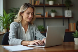 Femme se connectant à sa plateforme Moodle GRETA sur un ordinateur portable depuis son bureau à domicile
