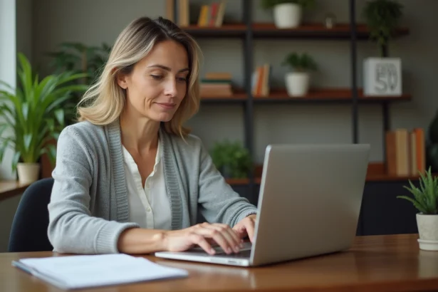 Femme se connectant à sa plateforme Moodle GRETA sur un ordinateur portable depuis son bureau à domicile