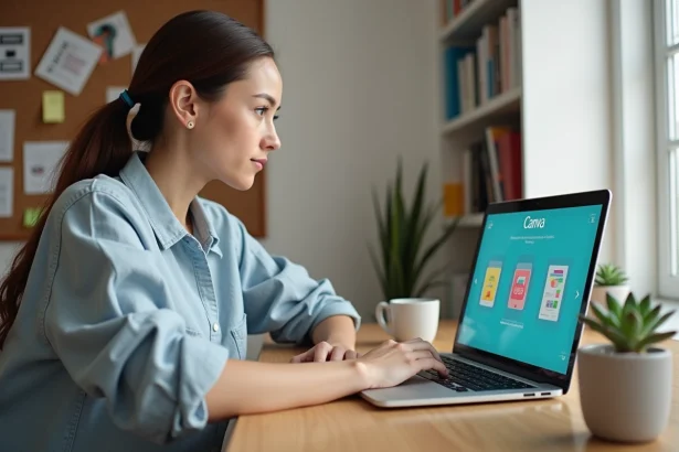 Femme suivant une formation Canva sur son ordinateur portable dans un bureau à domicile chaleureux