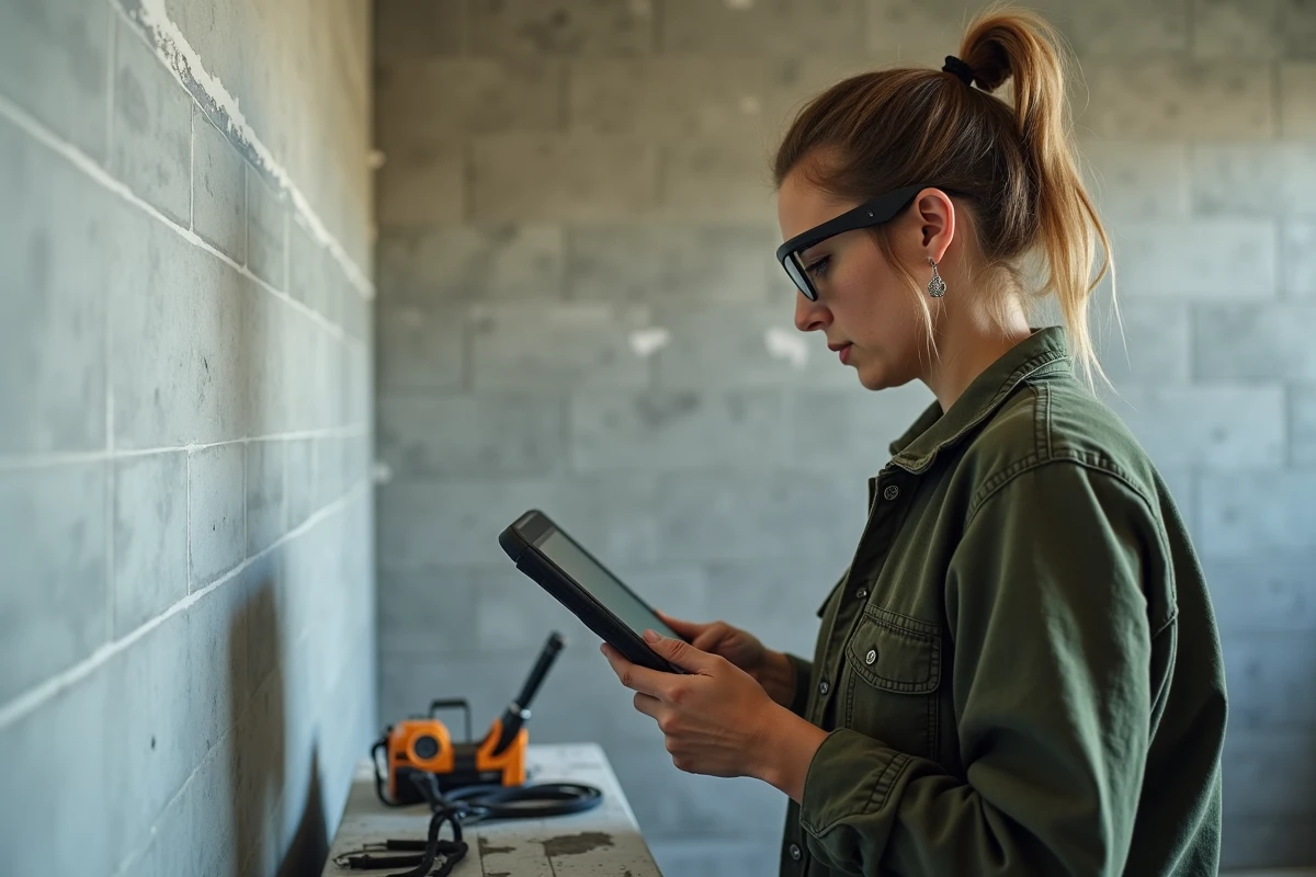 Femme en formation bricolage regardant un tutoriel sur tablette pendant la pose de carrelage dans une salle de bain en rénovation
