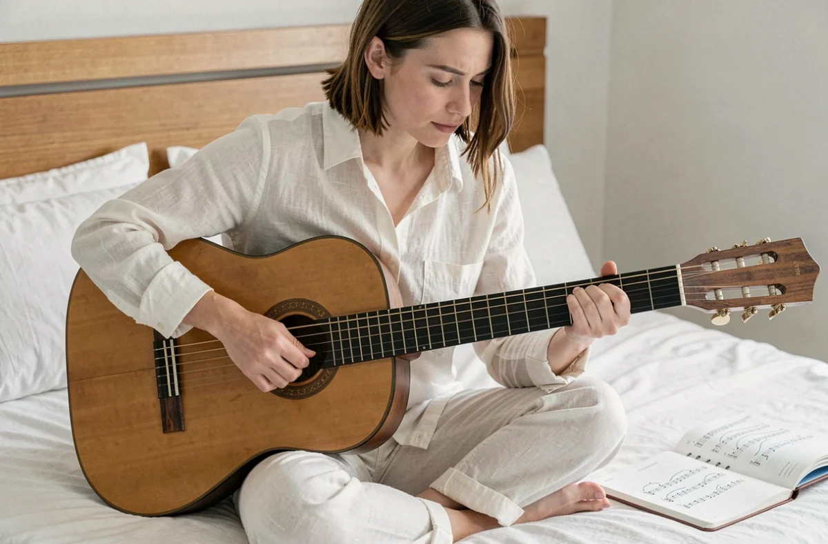 Femme guitariste faisant une pause pour étirer ses doigts afin de réduire la fatigue lors de l'apprentissage de la guitare