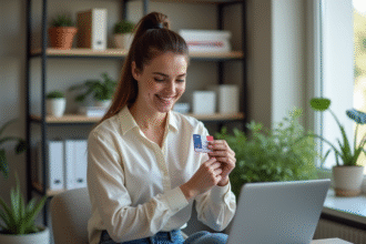 Femme souriante avec carte d'identite dans un bureau lumineux