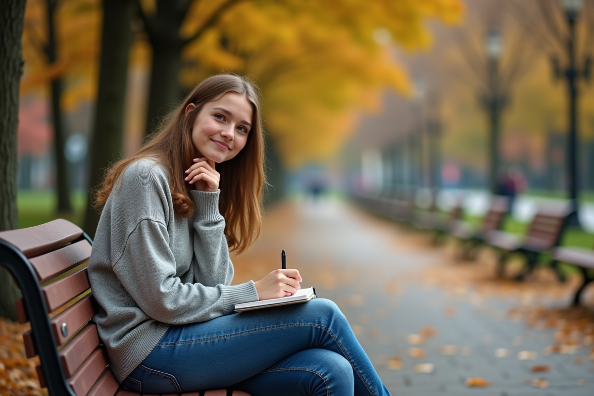 Jeune femme assise dans un parc en écrivant dans un journal