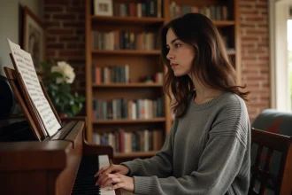 Jeune femme jouant un piano acoustique en bois dans un salon chaleureux avec des étagères de livres en arrière-plan