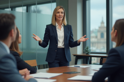 Femme professionnelle en réunion de pitch en bureau moderne
