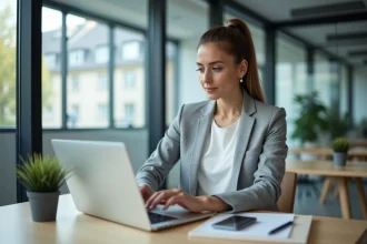 Femme professionnelle utilisant un portail RH en ligne sur un ordinateur portable dans un bureau moderne à Grenoble