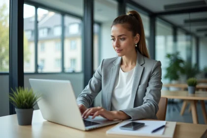 Femme professionnelle utilisant un portail RH en ligne sur un ordinateur portable dans un bureau moderne à Grenoble